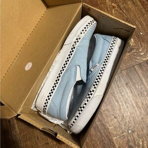 Vans Sky Blue Slip-On Shoes with Checkered Trim
